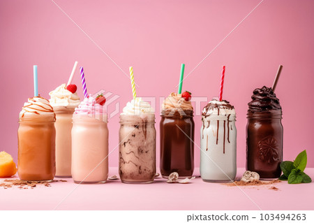 Generative ai. Different delicious freak shakes on color background 103494263