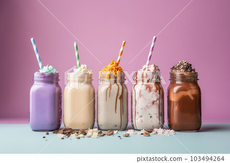 Generative ai. Different delicious freak shakes on color background 103494264