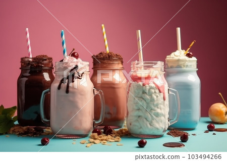 Generative ai. Different delicious freak shakes on color background 103494266