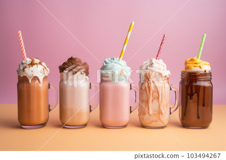 Generative ai. Different delicious freak shakes on color background 103494267