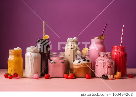 Generative ai. Different delicious freak shakes on color background 103494268