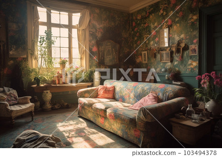 Generative ai. Dreamy floral living room 3d flowers on walls 103494378