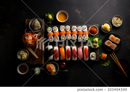 Generative AI. Sushi rolls isolated on black background Generative AI. Sushi rolls isolated on black background 103494399