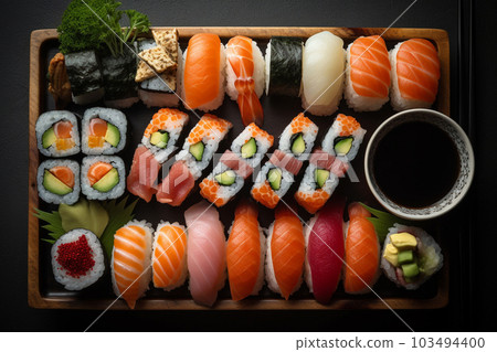 Generative AI. Sushi rolls isolated on black background Generative AI. Sushi rolls isolated on black background 103494400
