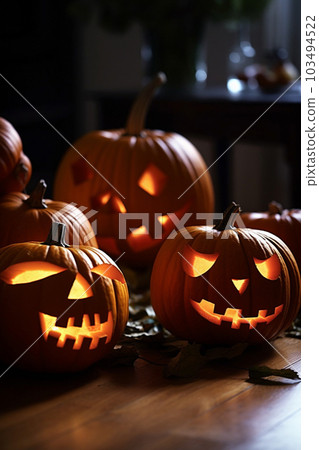 Generative AI Jack O Lanterns Glowing Halloween... - Stock Illustration ...