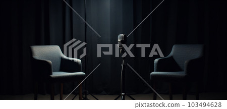 Generative ai two chairs and microphones podcast studio interior 103494628