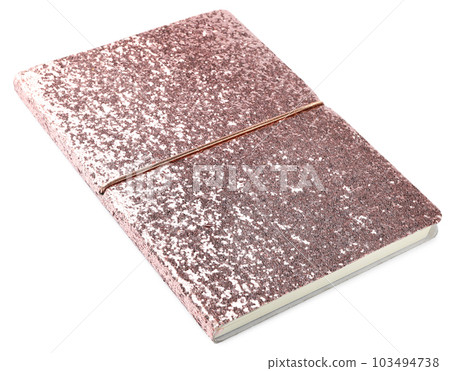 Stylish pink glitter notebook isolated on white Stylish pink glitter notebook isolated on white 103494738