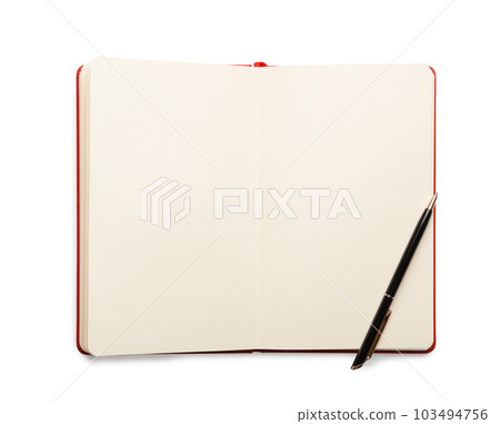 Open empty notebook and pen isolated on white, top view Open empty notebook and pen isolated on white, top view 103494756