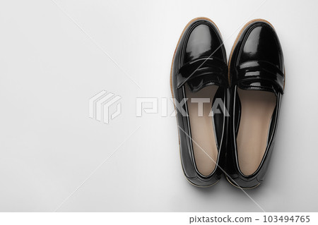 Pair of stylish female shoes isolated on white, top view Pair of stylish female shoes isolated on white, top view 103494765