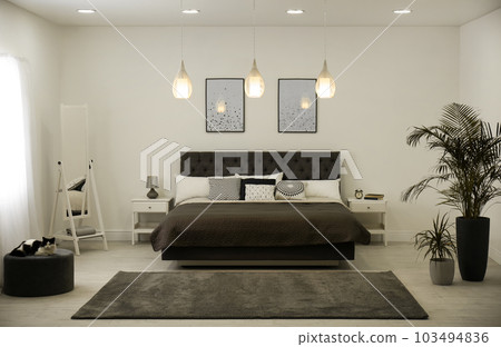 Modern bedroom interior. Cute fluffy cat on ottoman 103494836