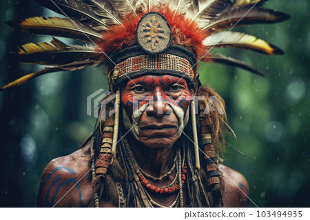 Portrait of indigenous tribe man. Native american people. Generative AI Portrait of indigenous tribe man. Native american people. Generative AI 103494935