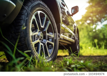 Four wheel drive SUV is driving on muddy road in jungle. Generative AI 103494974