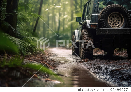 Four wheel drive SUV is driving on muddy road in jungle. Generative AI 103494977