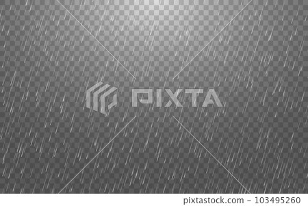 Rain on transparent background. Falling water droplets. Heavy rain with drops. Rainy day template. Autumn weather with rainfall. Spring warm rain. Vector illustration 103495260