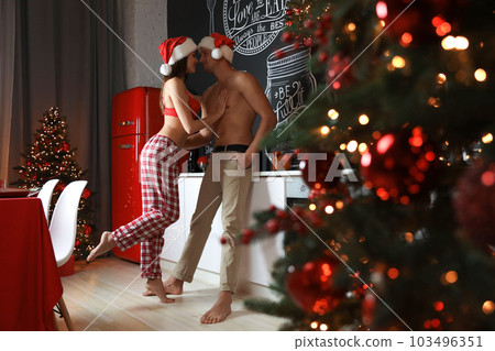 Passionate young couple enjoying each other in kitchen. Christmas celebration 103496351
