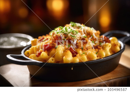Appetizing mac and cheese in bowl with bacon on top baked in oven. Generative AI Appetizing mac and cheese in bowl with bacon on top baked in oven. Generative AI 103496587