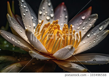 A waterlily or lotus flower with drops on its petals float in the pond. Generative AI 103496588