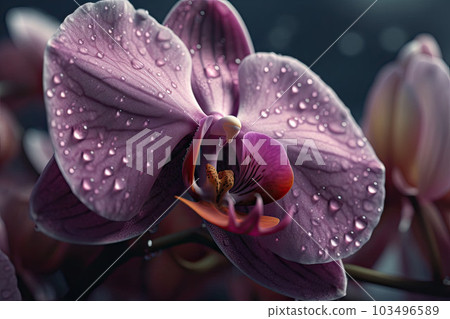 An orchid in full bloom with water drops on petals. A striking macro shot of a orchid. Generative AI An orchid in full bloom with water drops on petals. A striking macro shot of a orchid. Generative AI 103496589