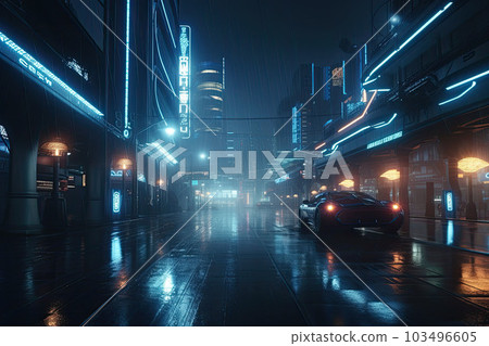 Neon night in a futuristic city. Wallpaper in a cyberpunk style. Empty street with neon lights reflecting in a water. Generative AI 103496605