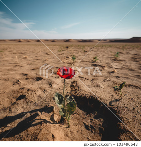 Red poppy flower grows among dried up desert as symbol of the rebirth of life, forces of nature, Red poppy flower grows among dried up desert as symbol of the rebirth of life, forces of nature, 103496648