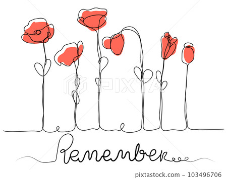 Poppies in one line with a red spot on a white isolate.  103496706