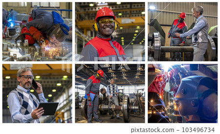 Train Factory Photo Collage - Two Multiracial Coworkers Talking in a Train Factory Train Factory Photo Collage - Two Multiracial Coworkers Talking in a Train Factory 103496734