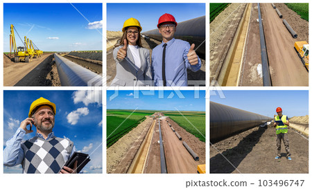 European Natural Gas Pipeline Construction Site - Construction Foreman Checking Progress At Pipeline Construction Site 103496747