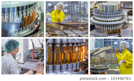 Ampule Medications and Vaccine Manufacturing Photo Collage - Pharmaceutical Production Line Workers At Work Ampule Medications and Vaccine Manufacturing Photo Collage - Pharmaceutical Production Line Workers At Work 103496763