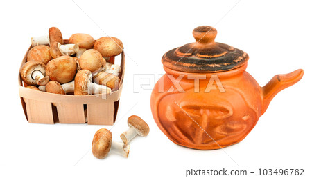 Fresh champignon mushrooms and Small clay pot pot with lid isolated on white . Collage. 103496782