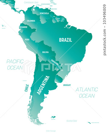 South America - high detailed political map South American continent with country, ocean and sea names labeling. South America - high detailed political map South American continent with country, ocean and sea names labeling. 103496809