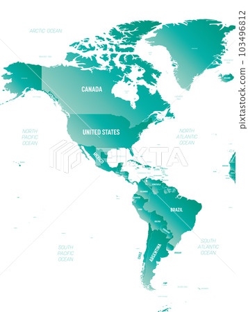 Americas - high detailed political map of North and South America continent with country, ocean and sea names labeling. 103496812