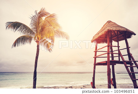 Retro color toned photo of a tropical beach as sunset, summer vacation concept. 103496851