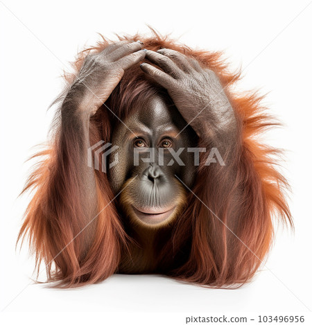 Oragunang holds his head with his hands, the monkey has a headache, problems, headache, close-up on a white background Oragunang holds his head with his hands, the monkey has a headache, problems, headache, close-up on a white background 103496956