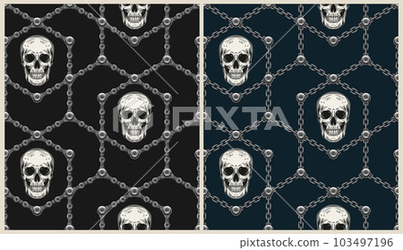 Geometric pattern with human skulls, steel chains, bicycle chain, rivets. Tile polygonal seamless background in steampunk style. Good for apparel, clothing, fabric, textile, sport goods. Geometric pattern with human skulls, steel chains, bicycle chain, rivets. Tile polygonal seamless background in steampunk style. Good for apparel, clothing, fabric, textile, sport goods. 103497196