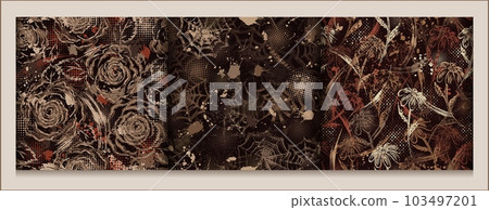 Seamless brown camouflage patterns with smudged paint brush strokes, splatter, roses, chamomiles, spiderweb. Dense random chaotic composition. Good for apparel, fabric, textile, sport goods. 103497201