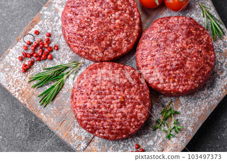 Fresh raw ground beef burger patty with salt and spices Fresh raw ground beef burger patty with salt and spices 103497373
