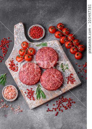 Fresh raw ground beef burger patty with salt and spices Fresh raw ground beef burger patty with salt and spices 103497381