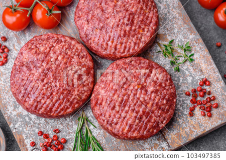 Fresh raw ground beef burger patty with salt and spices Fresh raw ground beef burger patty with salt and spices 103497385