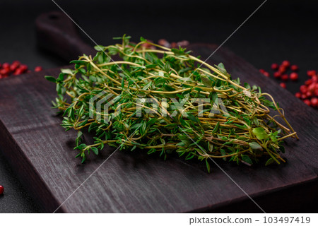 Empty wooden cutting board with thyme, spices, salt and herbs 103497419