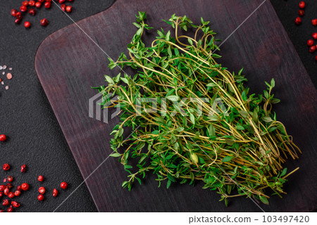 Empty wooden cutting board with thyme, spices, salt and herbs Empty wooden cutting board with thyme, spices, salt and herbs 103497420