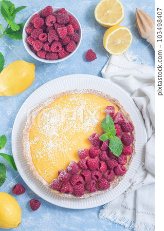 Lemon tart, garnished with fresh raspberry, icing sugar, mint, vertical top view Lemon tart, garnished with fresh raspberry, icing sugar, mint, vertical top view 103498407