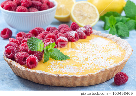 Lemon tart, garnished with fresh raspberry, icing sugar, mint, horizontal Lemon tart, garnished with fresh raspberry, icing sugar, mint, horizontal 103498409