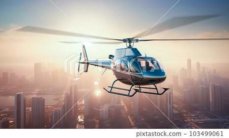 Helicopter flying over city with sky in background. City landscape of modern metropolis. Generative AI 103499061
