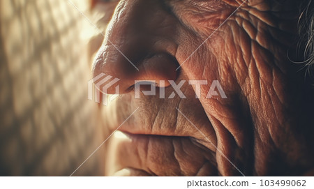 Close-up of elderly man nose. Old face with wrinkles macro. Male skin old texture wilted. Generative AI 103499062