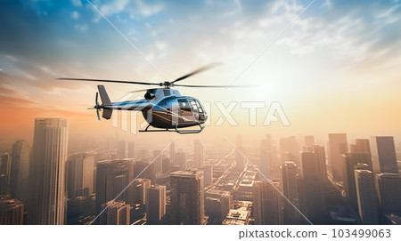 Helicopter flying over city with sky in background. City landscape of modern metropolis. Generative AI 103499063