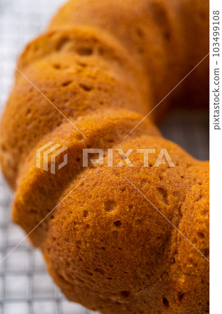 Cooling freshly baked pumpkin bunt cake on a kitchen counter. 103499108