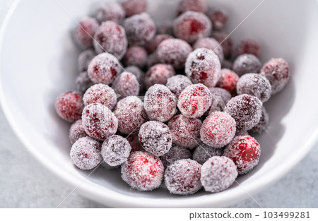 Sugar cranberries. Organic cranberries covered with white sugar. Sugar cranberries. Organic cranberries covered with white sugar. 103499281