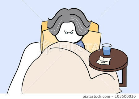 A sick bed, an old man living alone, an isolated dead old man affected by a disease, a bedridden old man, dementia, an isolated death, welfare illustration 103500030