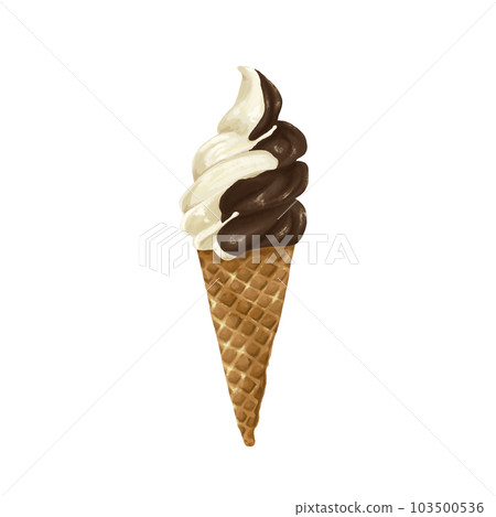 Two-color soft ice cream of vanilla and chocolate on a waffle cone hand drawn style illustration 103500536