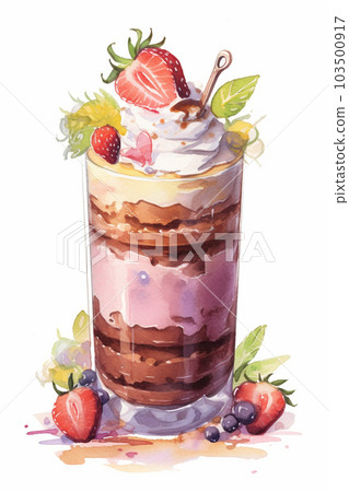 Berry and chocolate parfait watercolor illustration AI image 103500917